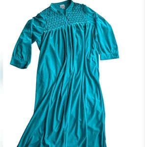 Vintage Only Necessities Teal Velour Lounger 2X Smocked Lattice Maxi Dress